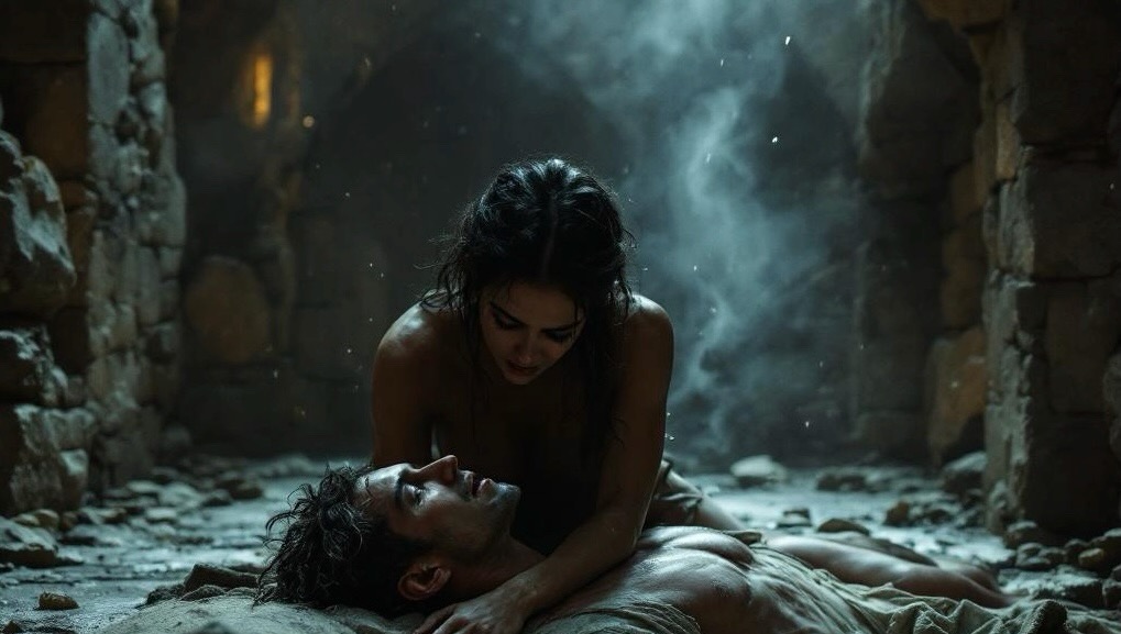 Two figures in a stone chamber after a fall through time